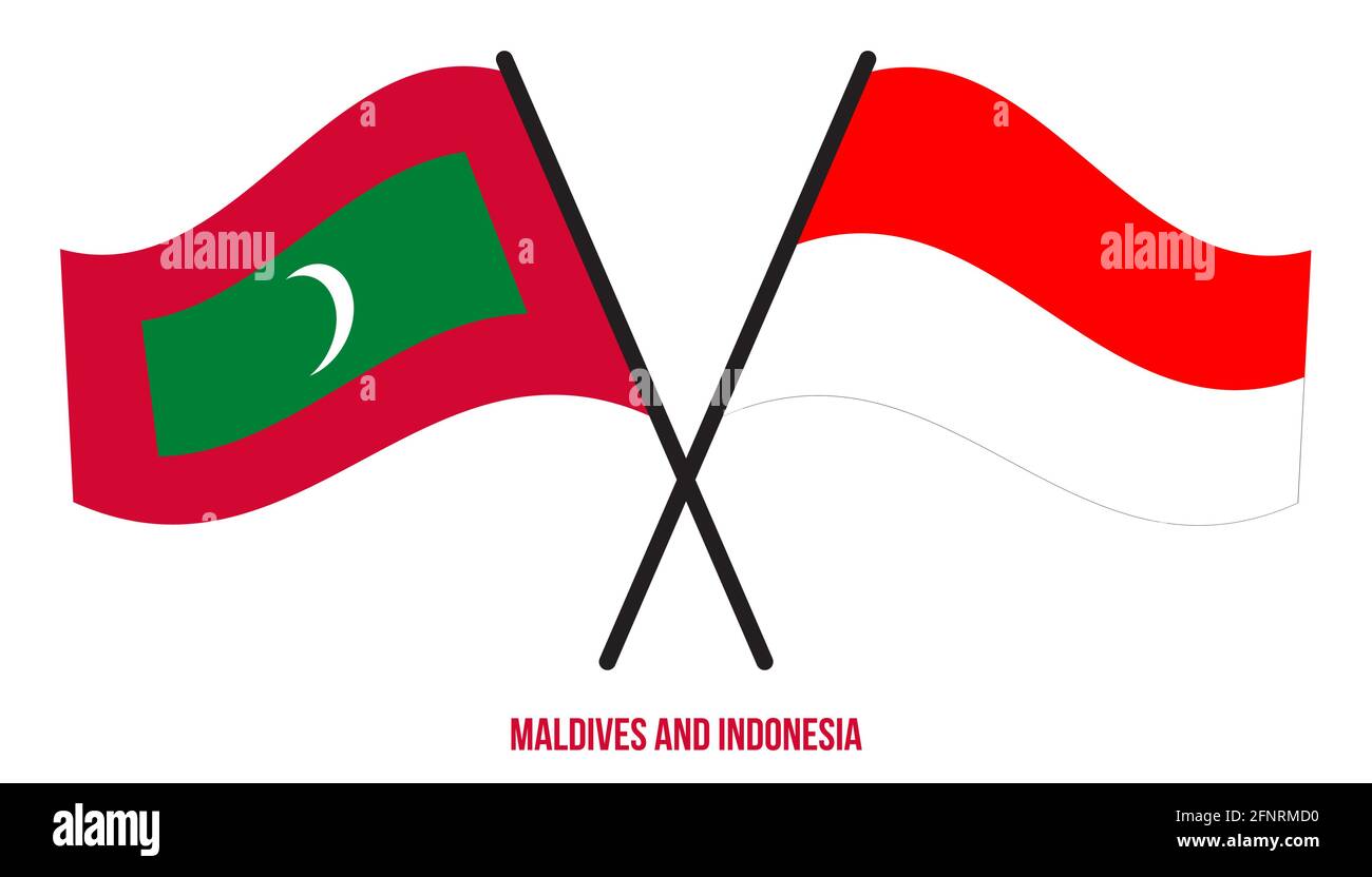 Maldive e Indonesia Bandiere incrociate e ondeggianti stile piatto. Proporzione ufficiale. Colori corretti. Illustrazione Vettoriale