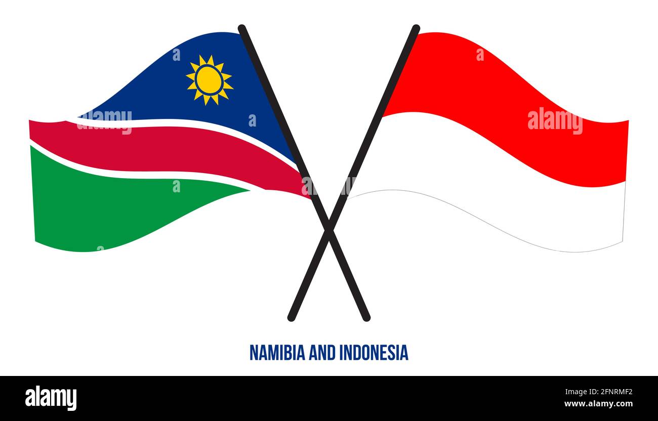 Namibia e Indonesia Bandiere incrociate e ondulate in stile piatto. Proporzione ufficiale. Colori corretti. Illustrazione Vettoriale