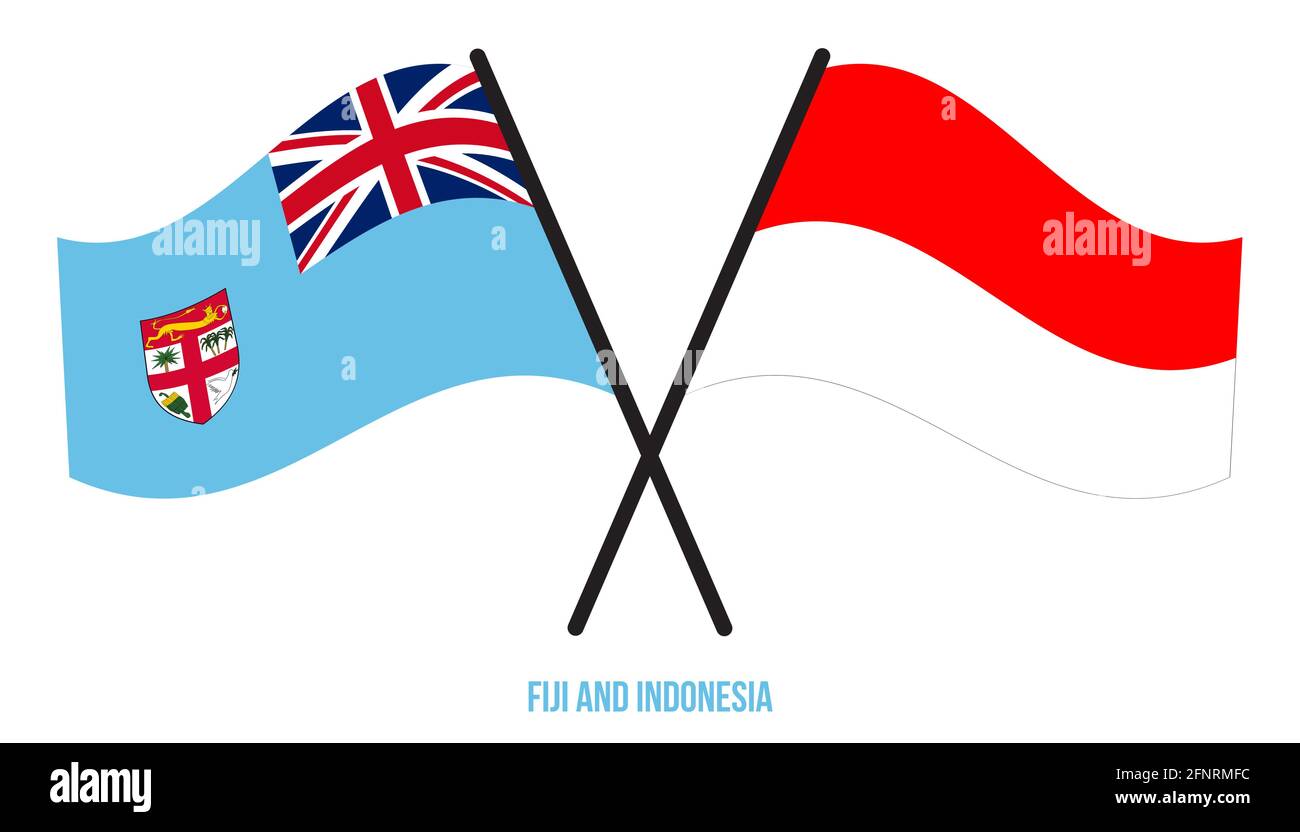 Fiji e Indonesia Bandiere incrociate e ondulate stile piatto. Proporzione ufficiale. Colori corretti. Illustrazione Vettoriale
