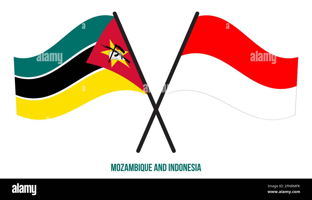 Mozambico e Indonesia Bandiere incrociate e ondeggianti stile piatto. Proporzione ufficiale. Colori corretti. Illustrazione Vettoriale