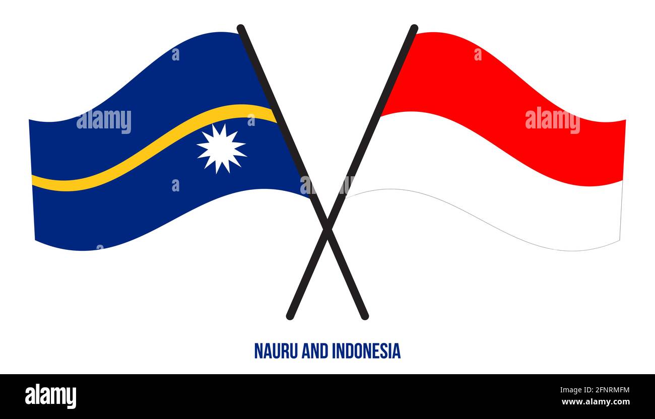 Nauru e Indonesia Bandiere incrociate e ondulate stile piatto. Proporzione ufficiale. Colori corretti. Illustrazione Vettoriale