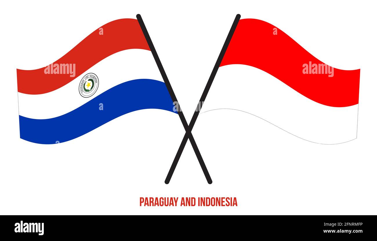 Paraguay e Indonesia Bandiere incrociate e ondeggianti stile piatto. Proporzione ufficiale. Colori corretti. Illustrazione Vettoriale