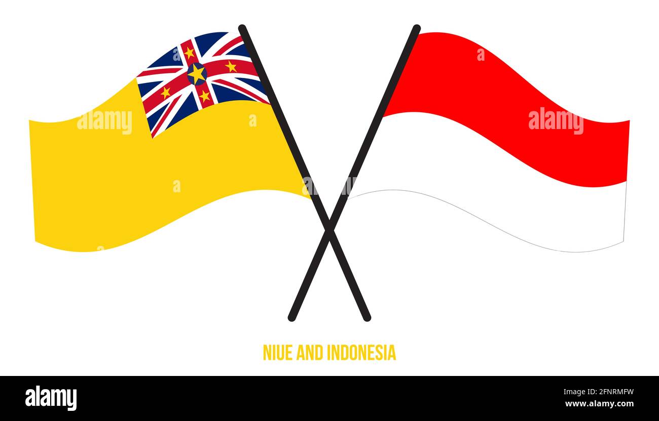 Niue e Indonesia Bandiere incrociate e ondulate in stile piatto. Proporzione ufficiale. Colori corretti. Illustrazione Vettoriale