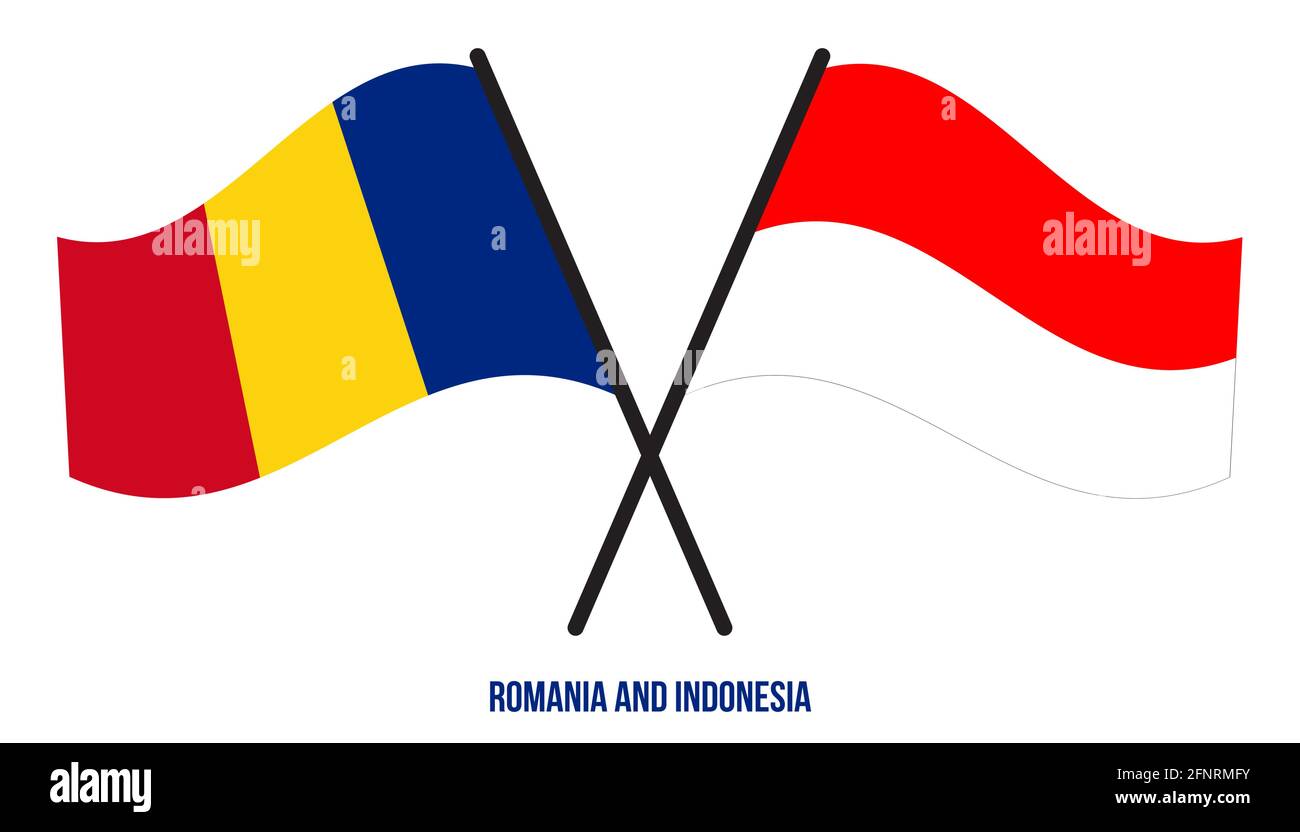 Romania e Indonesia Bandiere incrociate e ondulate in stile piatto. Proporzione ufficiale. Colori corretti. Illustrazione Vettoriale