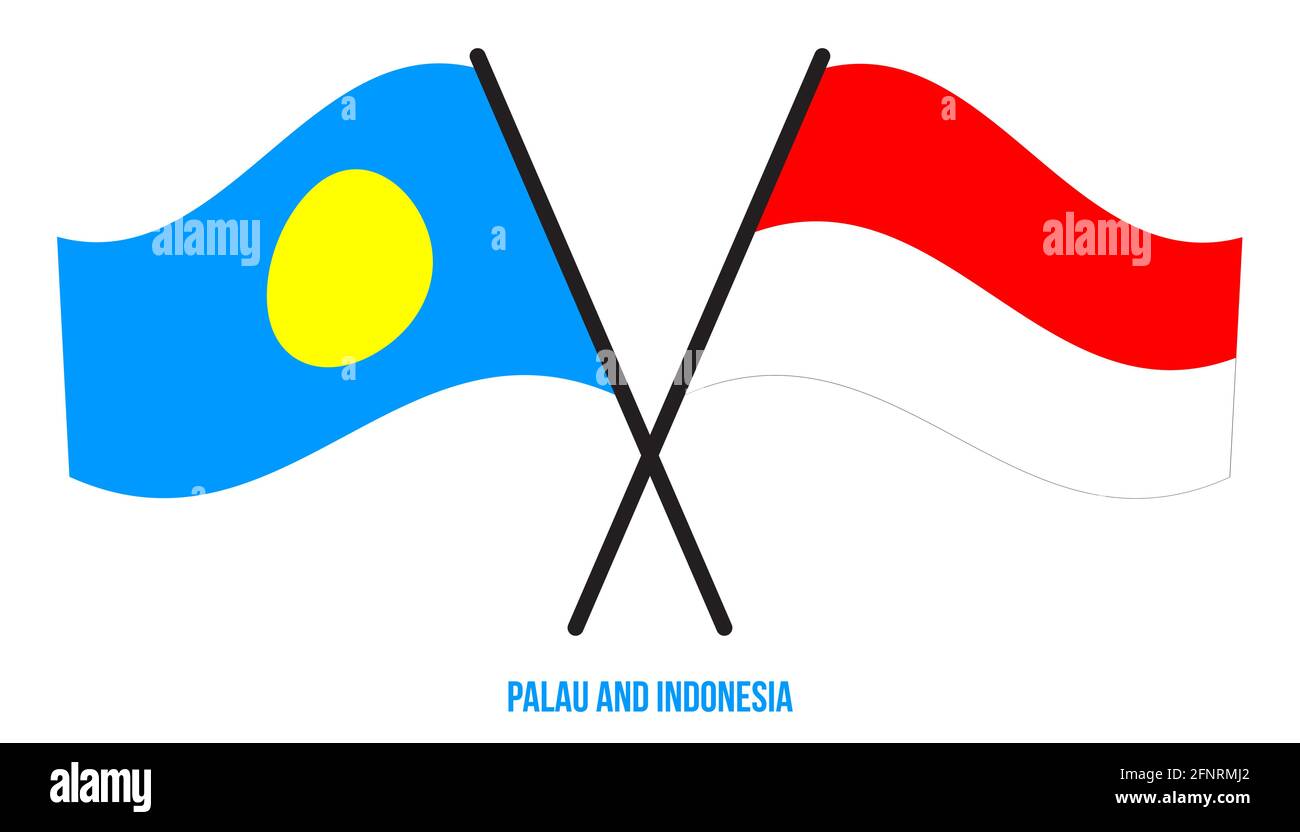 Palau e Indonesia Bandiere incrociate e ondulate in stile piatto. Proporzione ufficiale. Colori corretti. Illustrazione Vettoriale