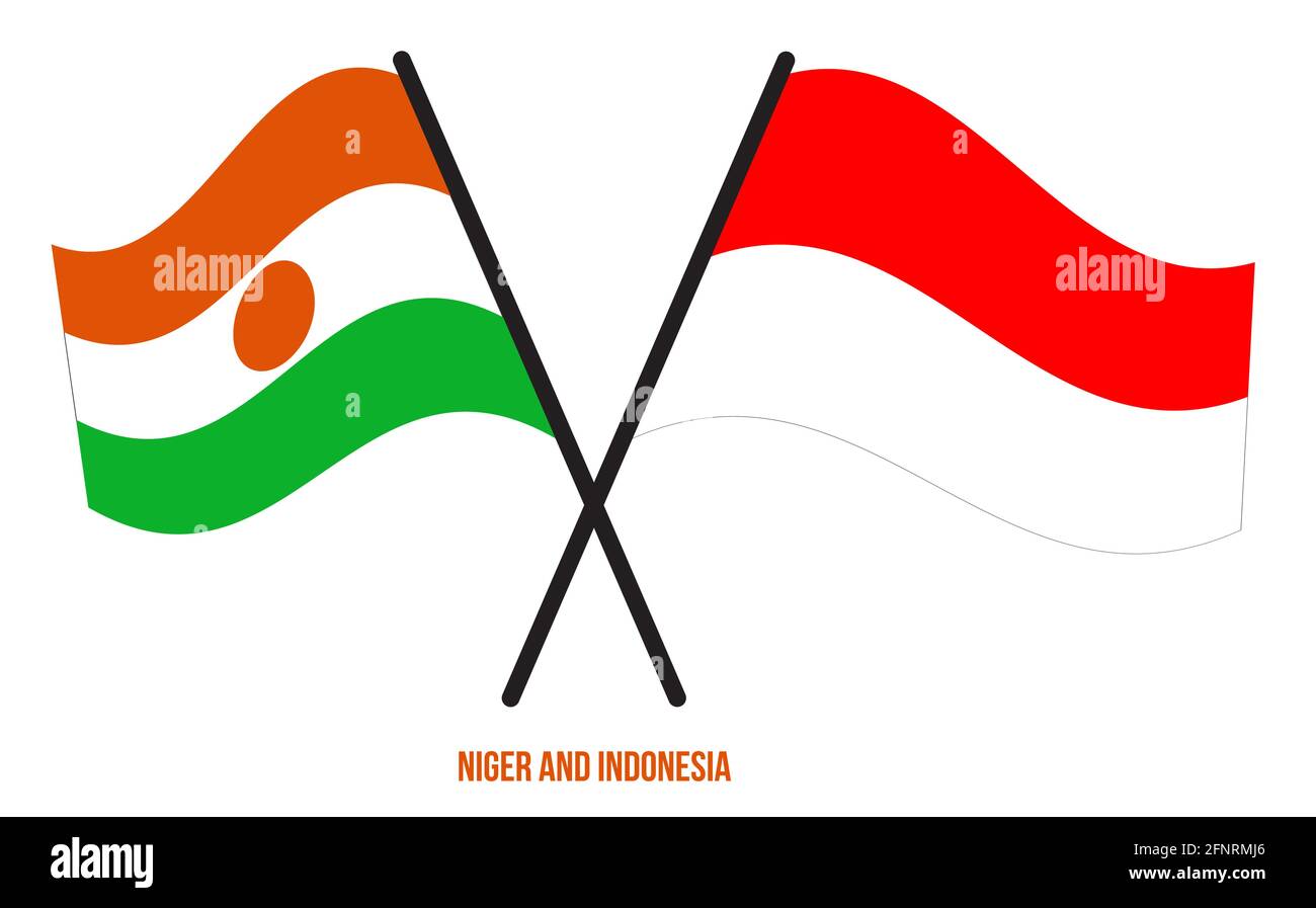 Niger e Indonesia Bandiere incrociate e ondeggianti stile piatto. Proporzione ufficiale. Colori corretti. Illustrazione Vettoriale