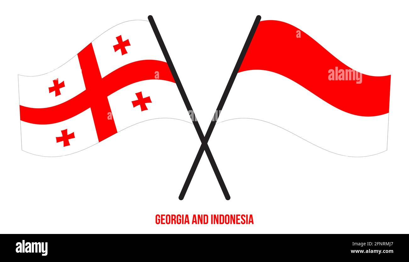 Georgia e Indonesia Bandiere incrociate e ondulate stile piatto. Proporzione ufficiale. Colori corretti. Illustrazione Vettoriale