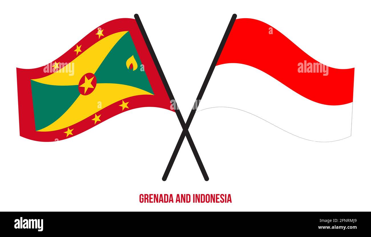 Grenada e Indonesia Bandiere incrociate e ondulate in stile piatto. Proporzione ufficiale. Colori corretti. Illustrazione Vettoriale