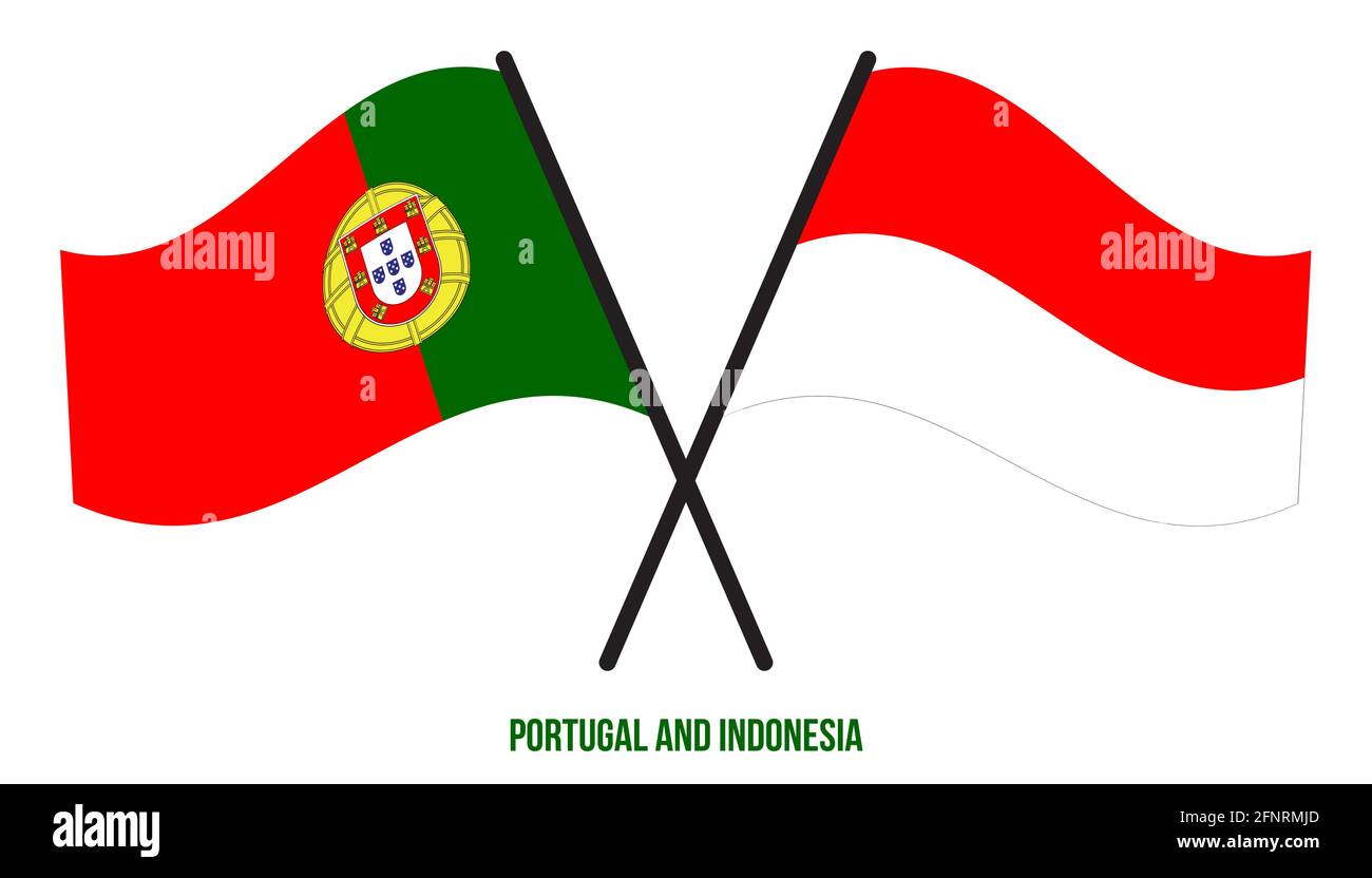 Portogallo e Indonesia Bandiere incrociate e ondulate stile piatto. Proporzione ufficiale. Colori corretti. Illustrazione Vettoriale