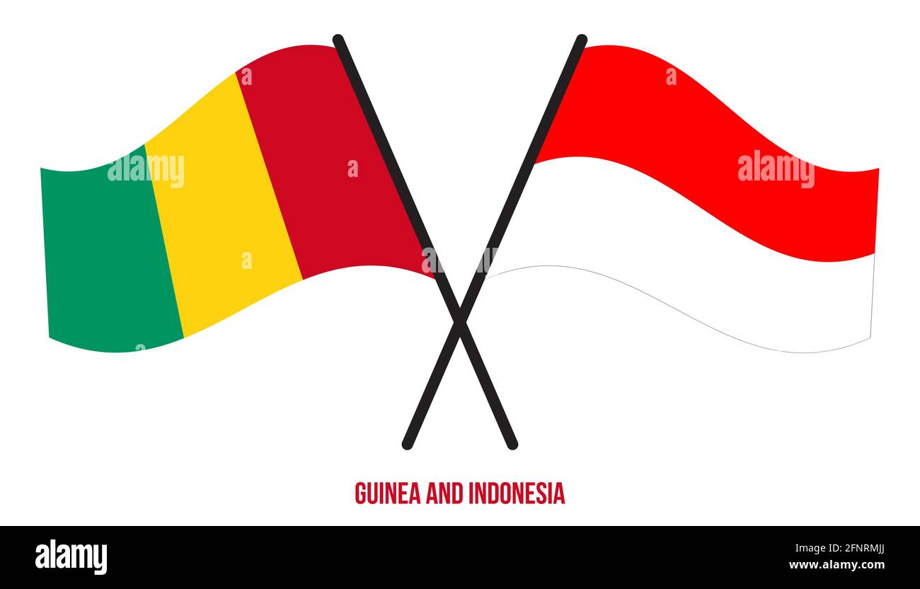 Guinea e Indonesia Bandiere incrociate e ondulate stile piatto. Proporzione ufficiale. Colori corretti. Illustrazione Vettoriale