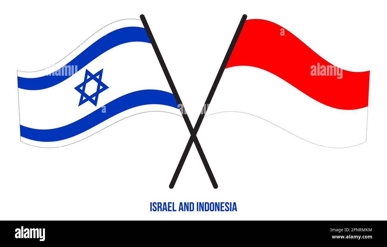 Israele e Indonesia Bandiere incrociate e ondulate stile piatto. Proporzione ufficiale. Colori corretti. Illustrazione Vettoriale