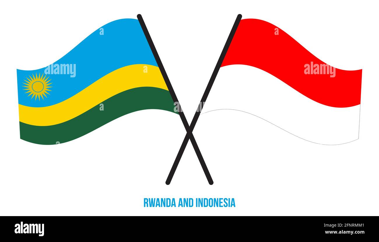 Ruanda e Indonesia Bandiere incrociate e ondeggianti stile piatto. Proporzione ufficiale. Colori corretti. Illustrazione Vettoriale