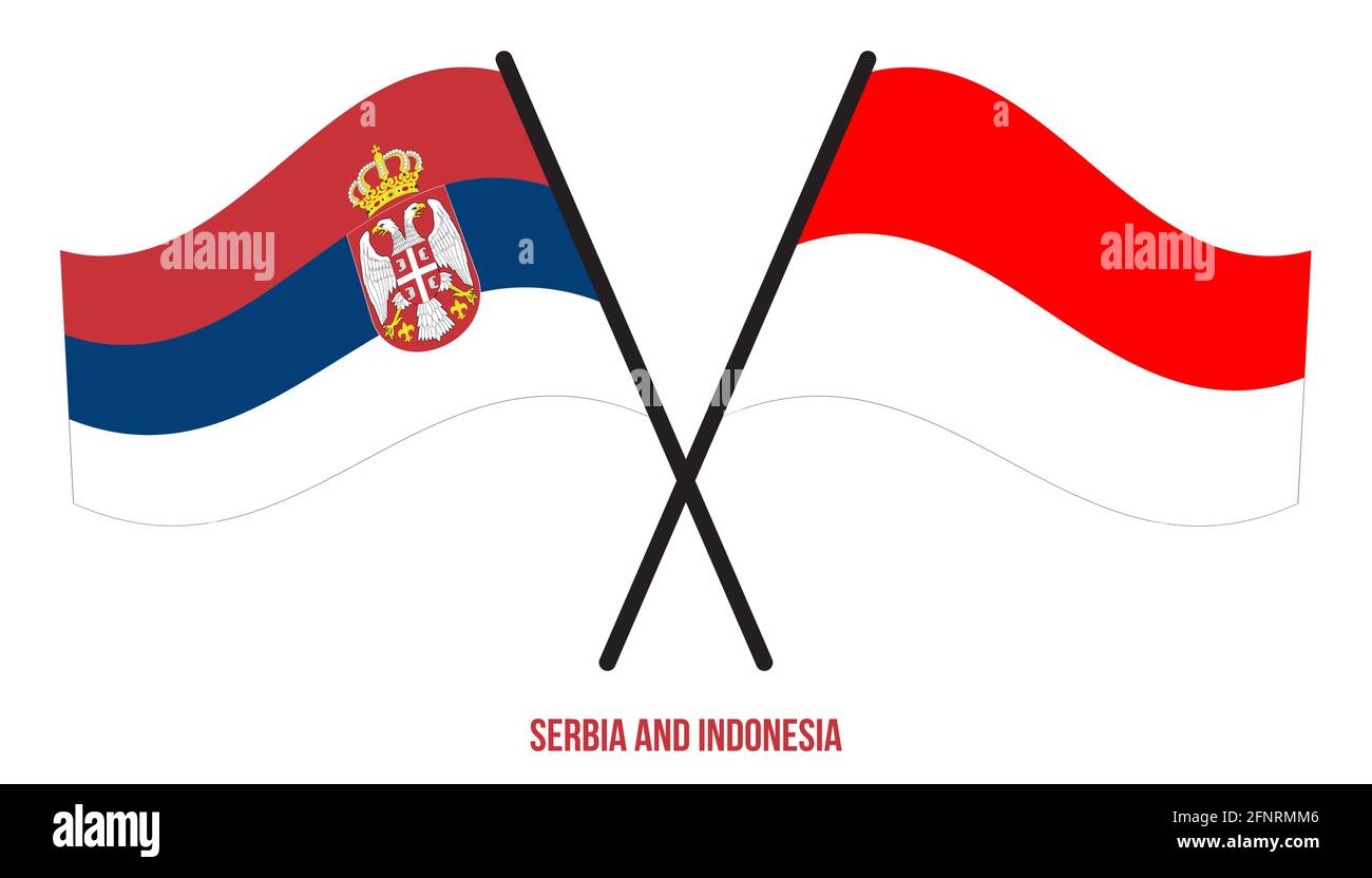 Serbia e Indonesia Bandiere incrociate e ondulate in stile piatto. Proporzione ufficiale. Colori corretti. Illustrazione Vettoriale