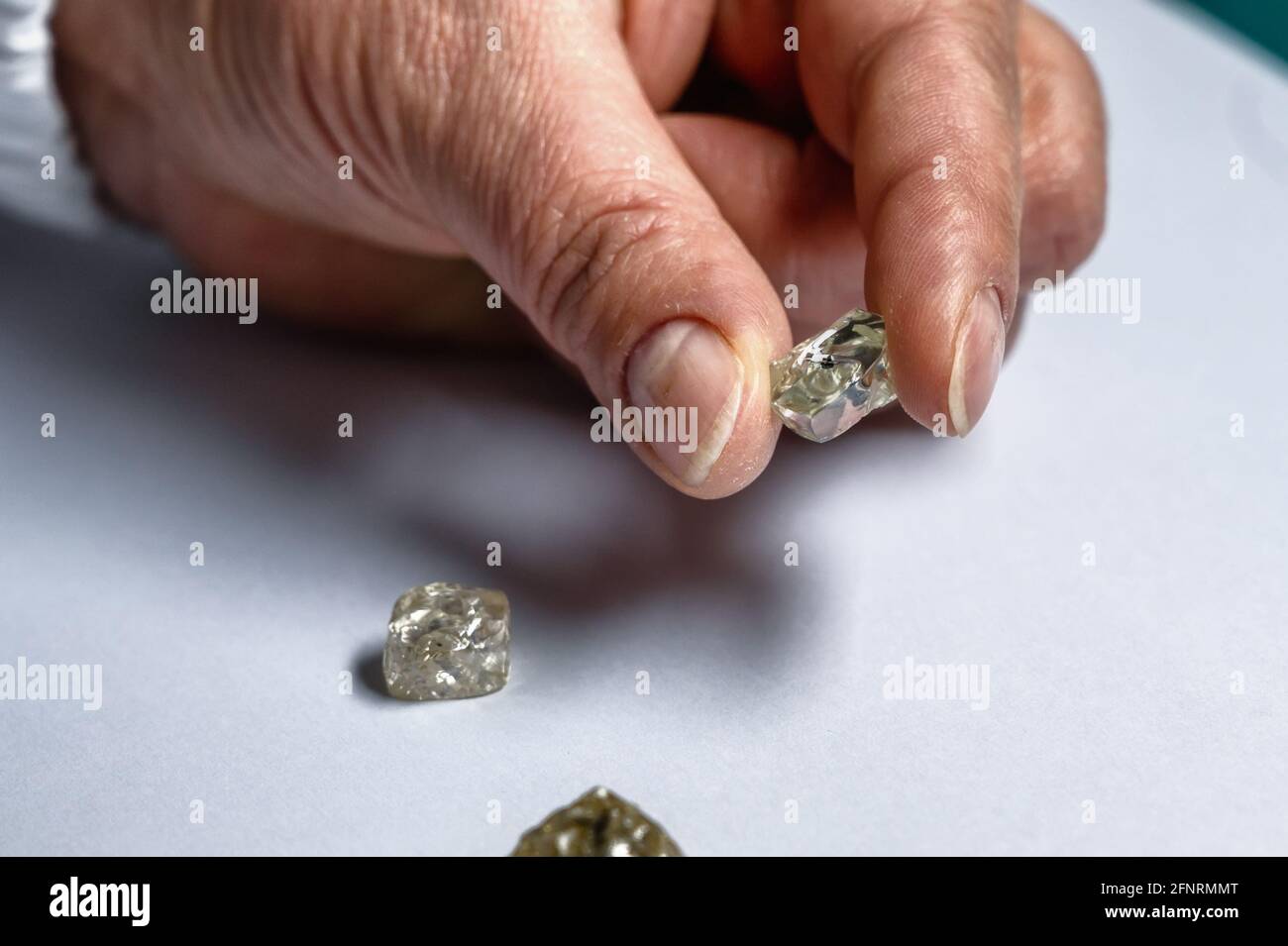 Grande diamante in mano. Diamanti grezzi naturali Foto Stock