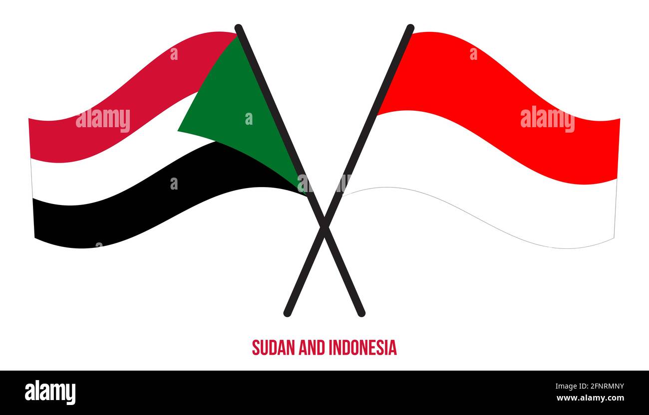 Sudan e Indonesia Bandiere incrociate e ondeggianti stile piatto. Proporzione ufficiale. Colori corretti. Illustrazione Vettoriale