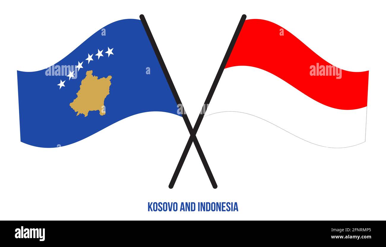 Le bandiere del Kosovo e dell'Indonesia hanno attraversato e ondeggiando lo stile piatto. Proporzione ufficiale. Colori corretti. Illustrazione Vettoriale