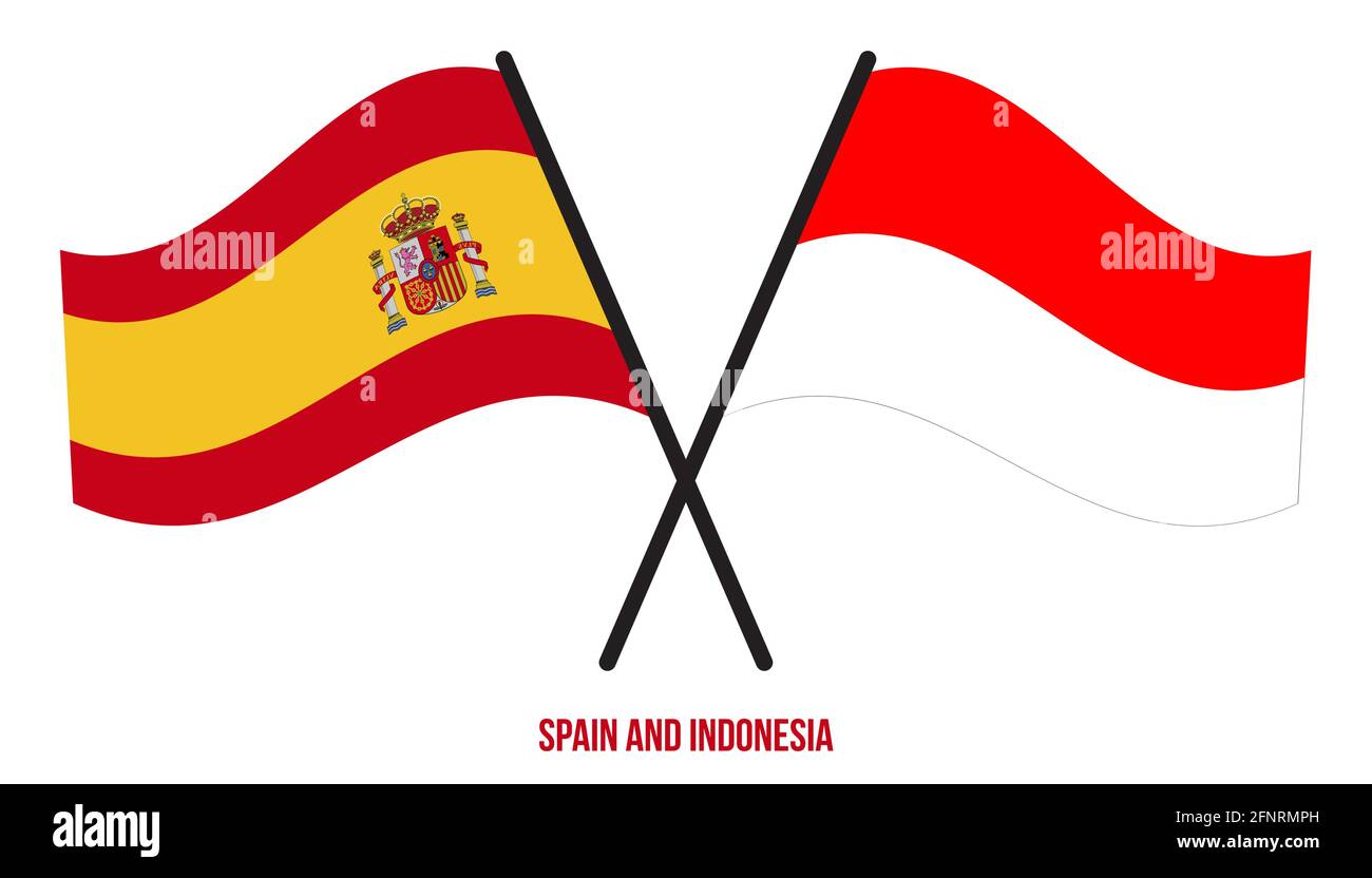 Spagna e Indonesia Bandiere incrociate e ondulate stile piatto. Proporzione ufficiale. Colori corretti. Illustrazione Vettoriale