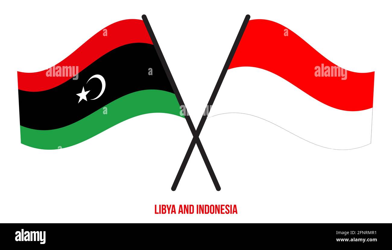 Libia e Indonesia Bandiere incrociate e ondulate in stile piatto. Proporzione ufficiale. Colori corretti. Illustrazione Vettoriale