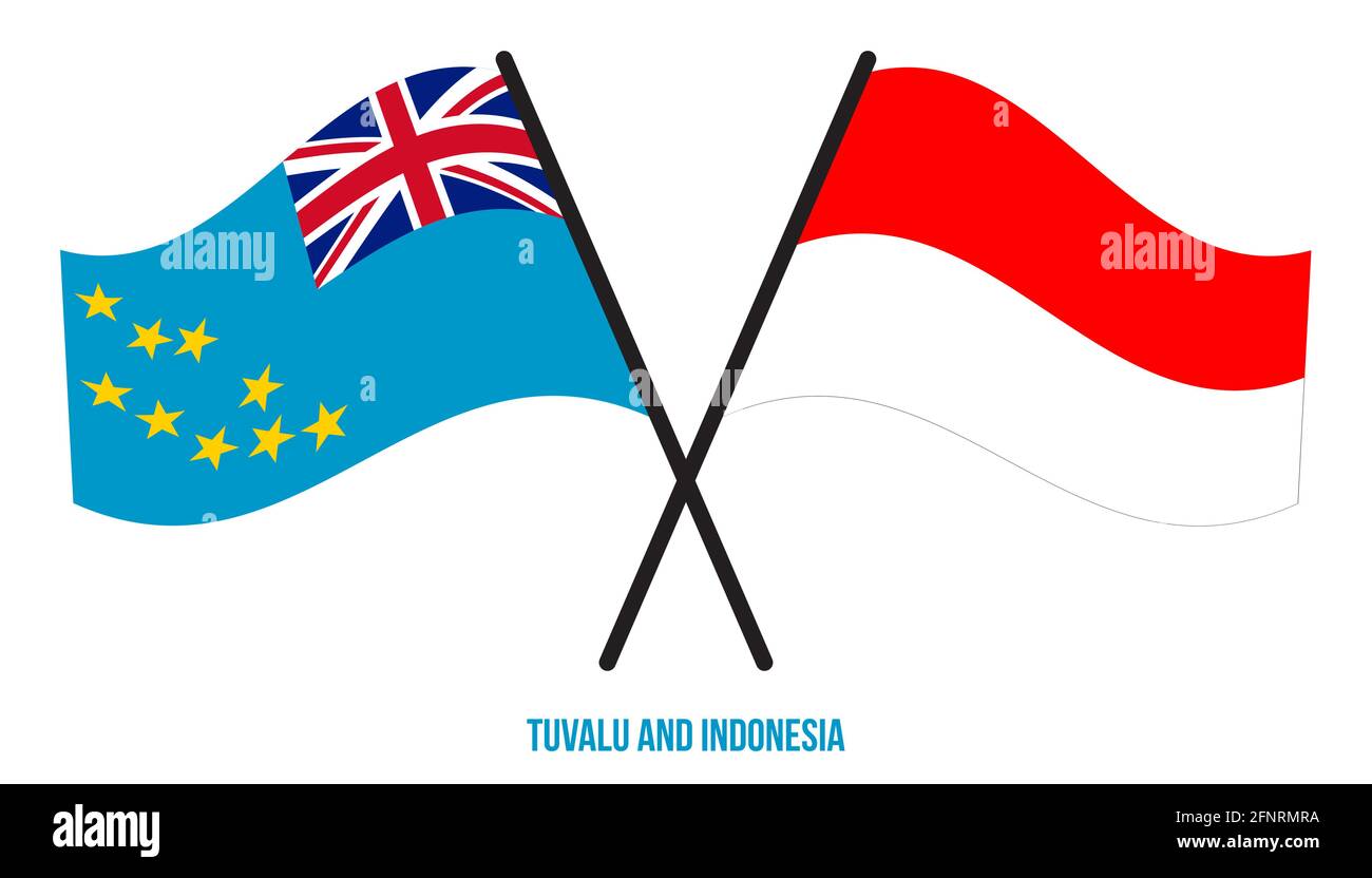 Tuvalu e Indonesia Bandiere incrociate e ondulate stile piatto. Proporzione ufficiale. Colori corretti. Illustrazione Vettoriale