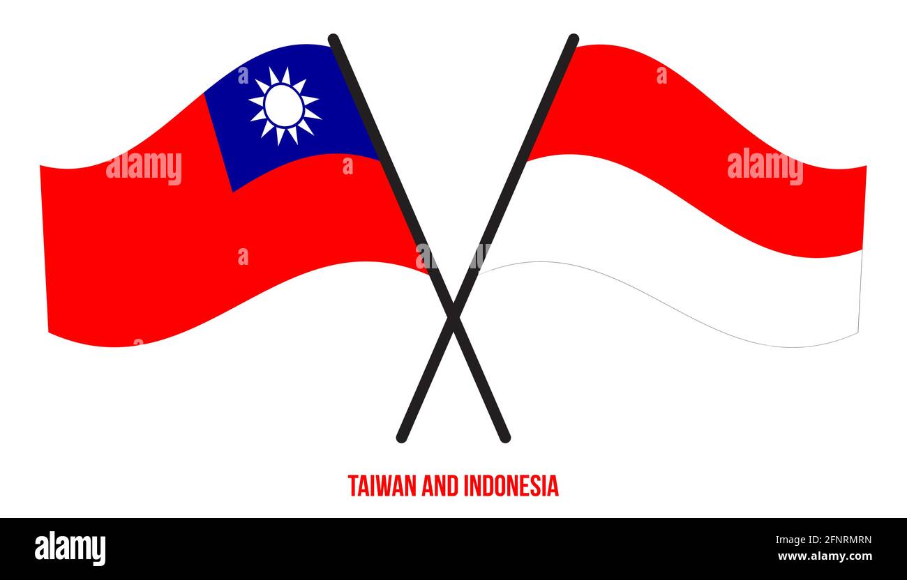 Taiwan e Indonesia Bandiere incrociate e ondulate in stile piatto. Proporzione ufficiale. Colori corretti. Illustrazione Vettoriale