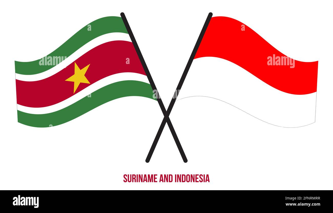 Suriname e Indonesia Bandiere incrociate e ondeggianti stile piatto. Proporzione ufficiale. Colori corretti. Illustrazione Vettoriale