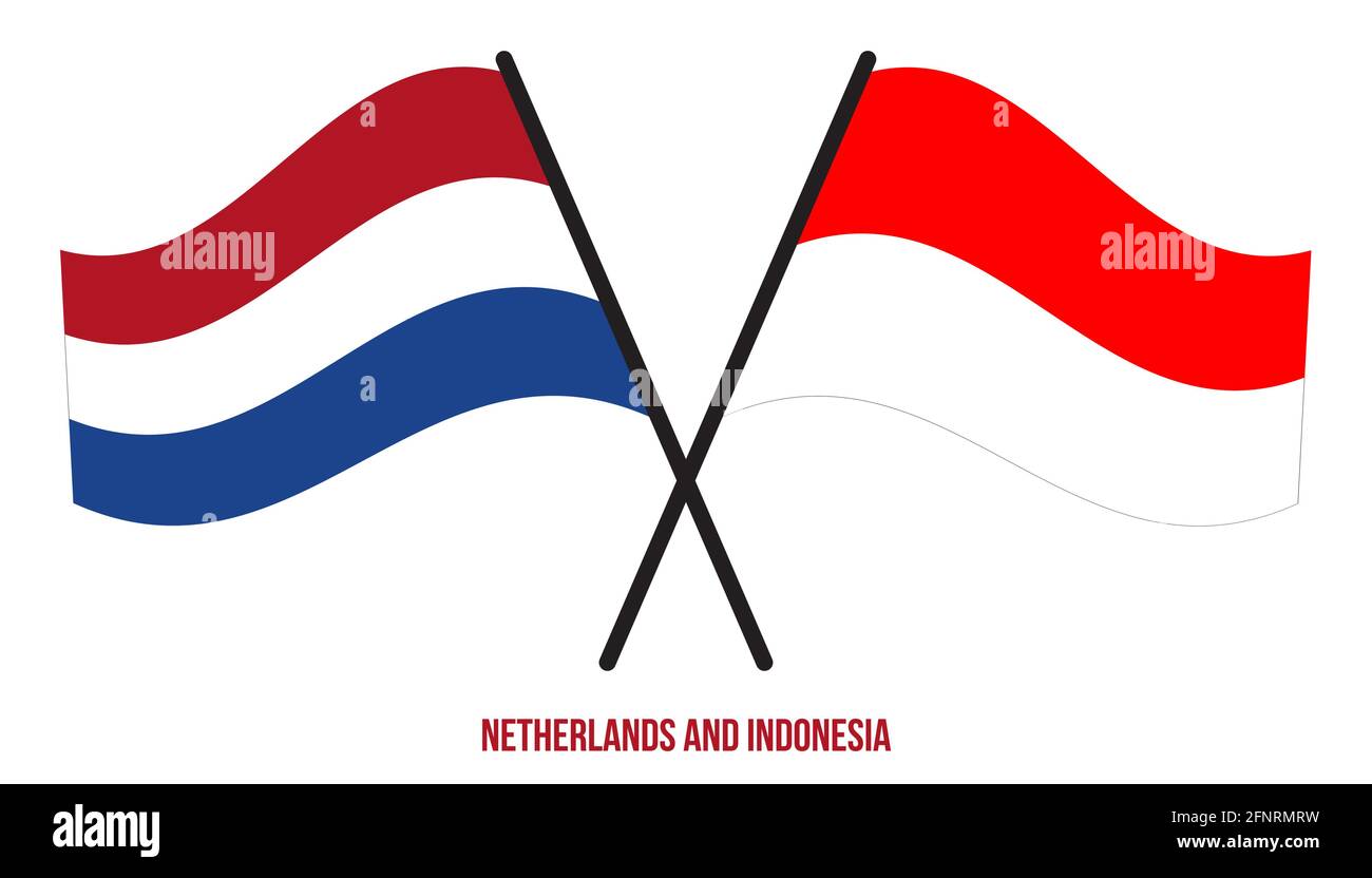 Olanda e Indonesia Bandiere incrociate e ondulate stile piatto. Proporzione ufficiale. Colori corretti. Illustrazione Vettoriale