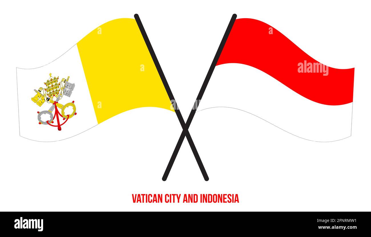 Città del Vaticano e Indonesia Bandiere incrociate e ondulate in stile piatto. Proporzione ufficiale. Colori corretti. Illustrazione Vettoriale