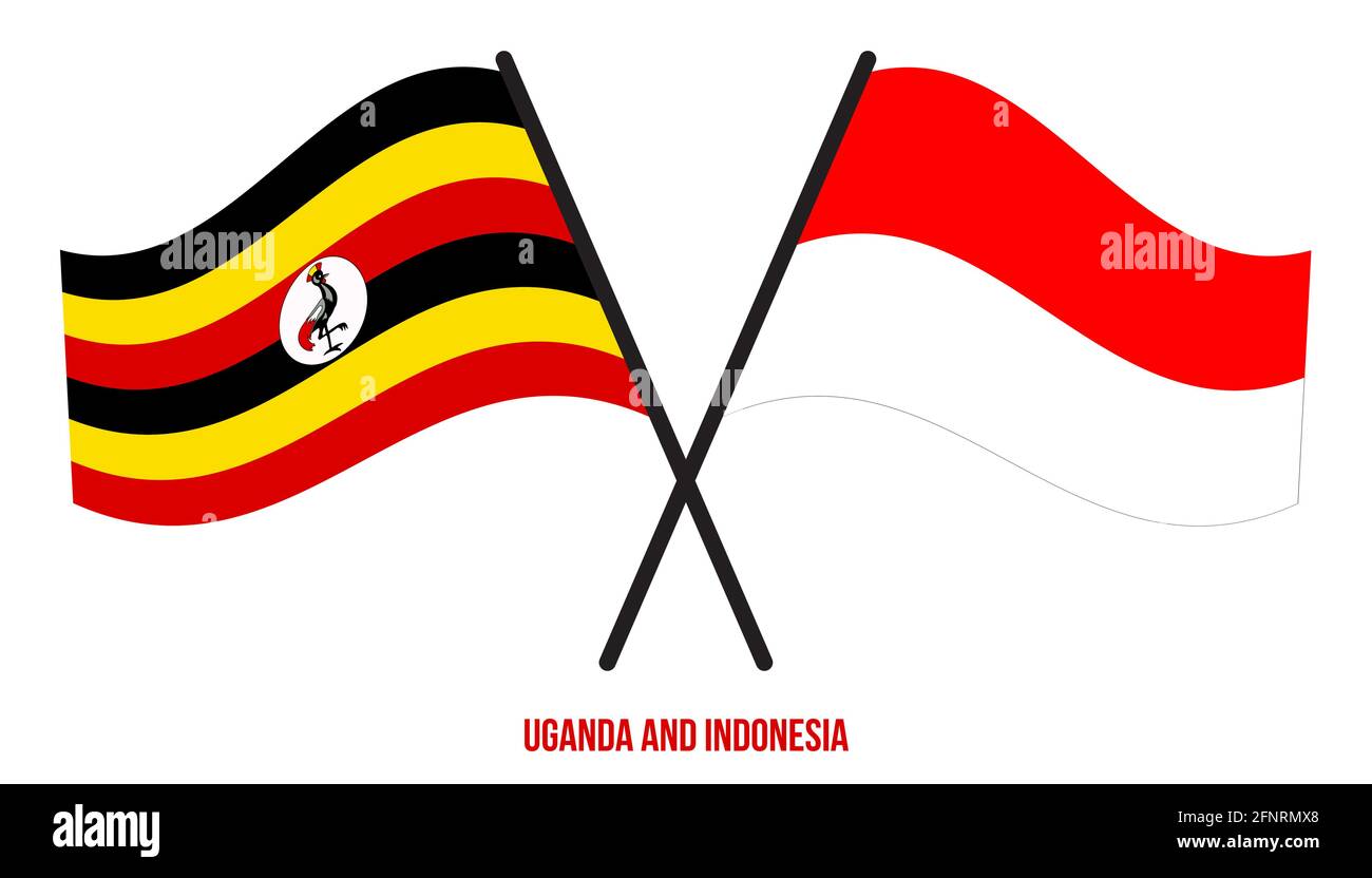 Uganda e Indonesia Bandiere incrociate e ondeggianti stile piatto. Proporzione ufficiale. Colori corretti. Illustrazione Vettoriale