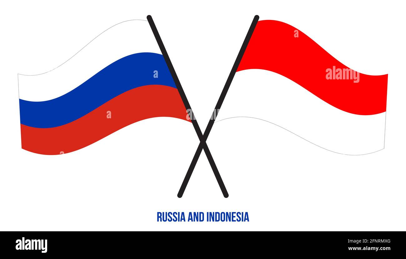 Russia e Indonesia Bandiere incrociate e ondulate in stile piatto. Proporzione ufficiale. Colori corretti. Illustrazione Vettoriale