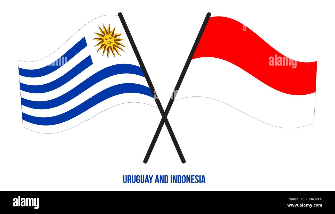 Uruguay e Indonesia Bandiere incrociate e ondulate stile piatto. Proporzione ufficiale. Colori corretti. Illustrazione Vettoriale