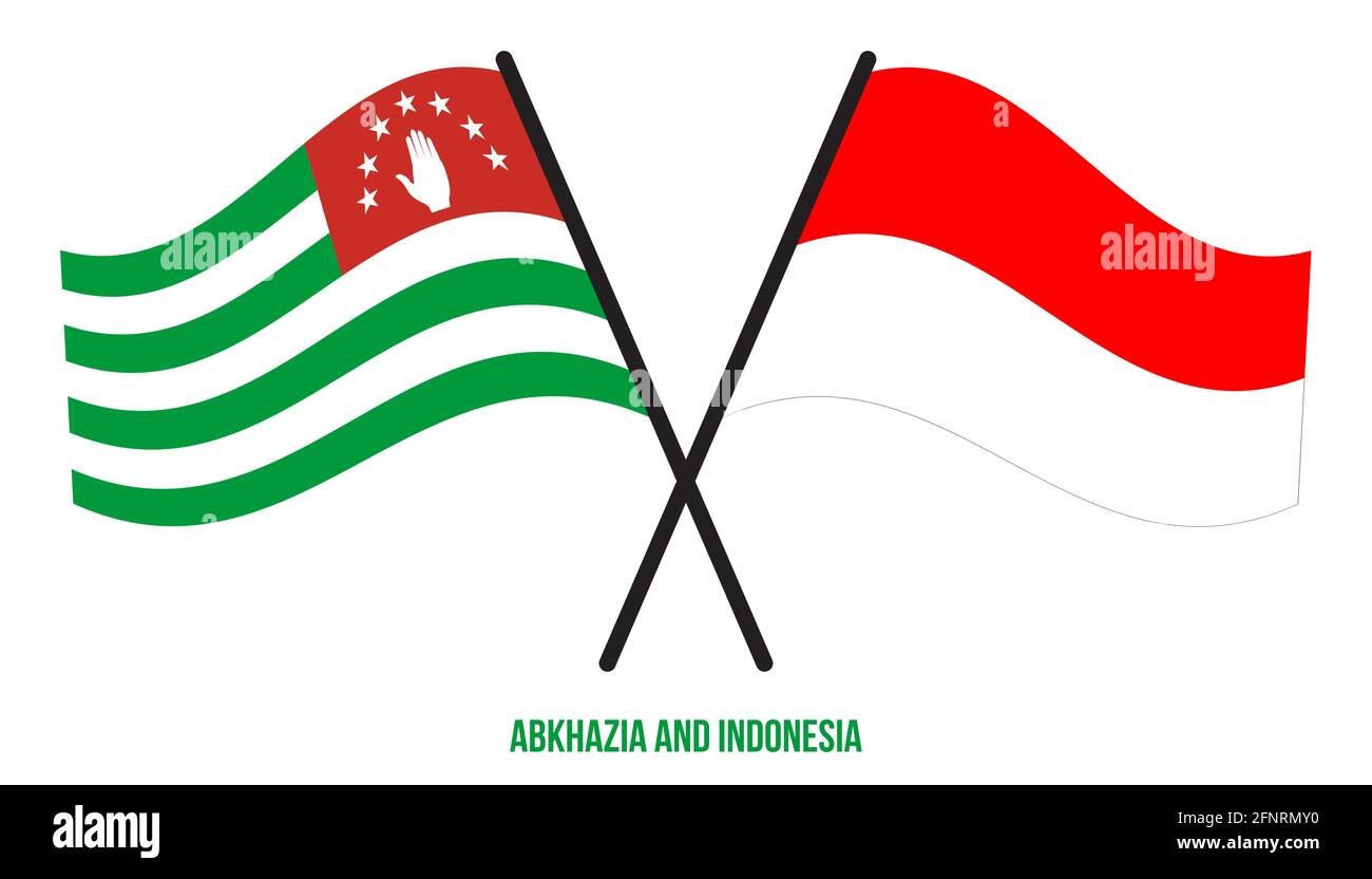 Abkhazia e Indonesia Bandiere incrociate e ondulate stile piatto. Proporzione ufficiale. Colori corretti. Illustrazione Vettoriale