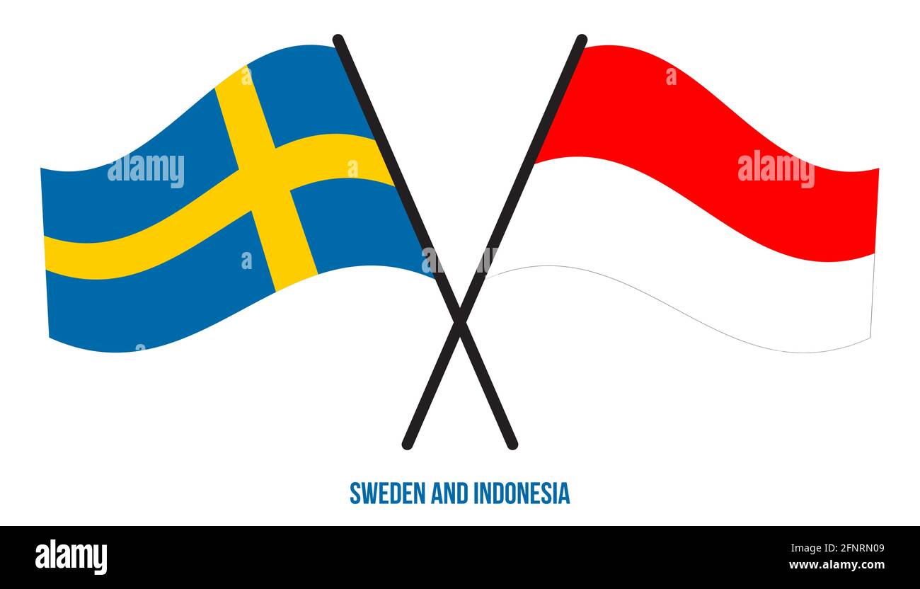 Svezia e Indonesia Bandiere incrociate e ondulate in stile piatto. Proporzione ufficiale. Colori corretti. Illustrazione Vettoriale