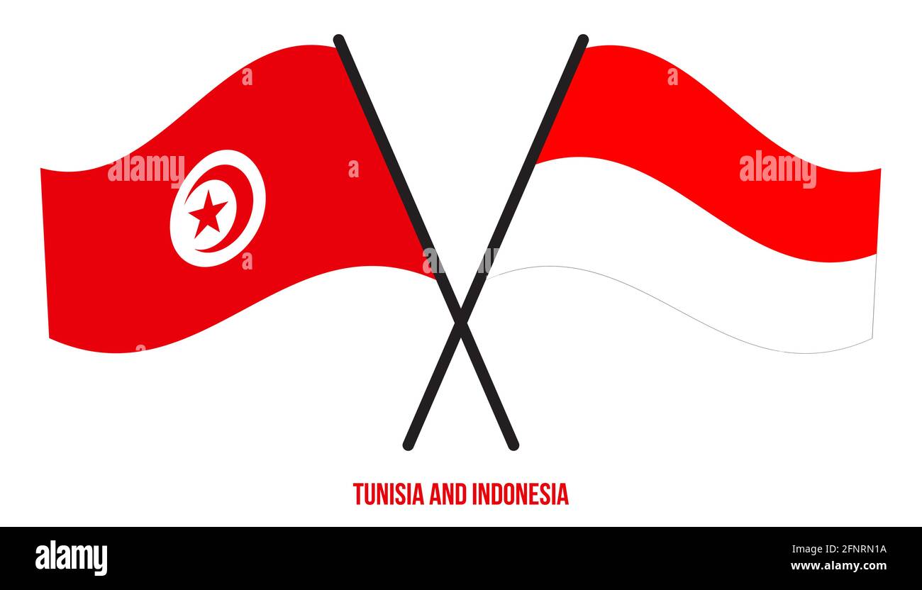 Tunisia e Indonesia Bandiere incrociate e ondulate stile piatto. Proporzione ufficiale. Colori corretti. Illustrazione Vettoriale