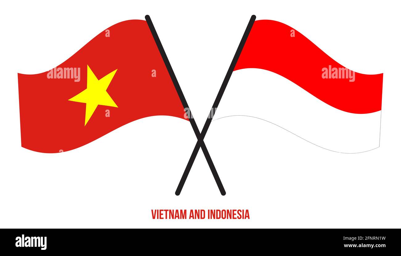 Vietnam e Indonesia Bandiere incrociate e ondeggianti stile piatto. Proporzione ufficiale. Colori corretti. Illustrazione Vettoriale