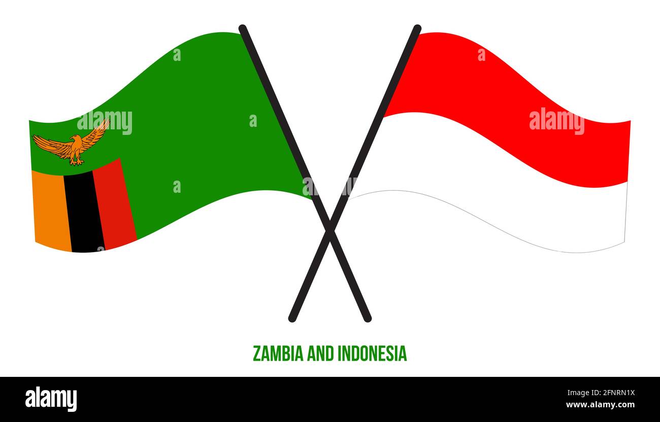 Zambia e Indonesia Bandiere incrociate e ondulate in stile piatto. Proporzione ufficiale. Colori corretti. Illustrazione Vettoriale