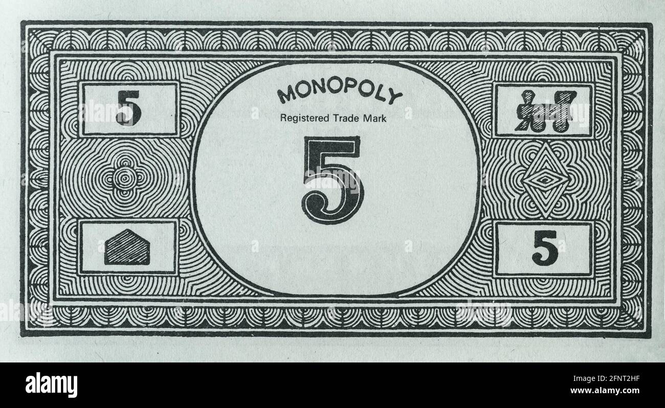 Cinque unità Monopoli Money Note primo piano Foto Stock