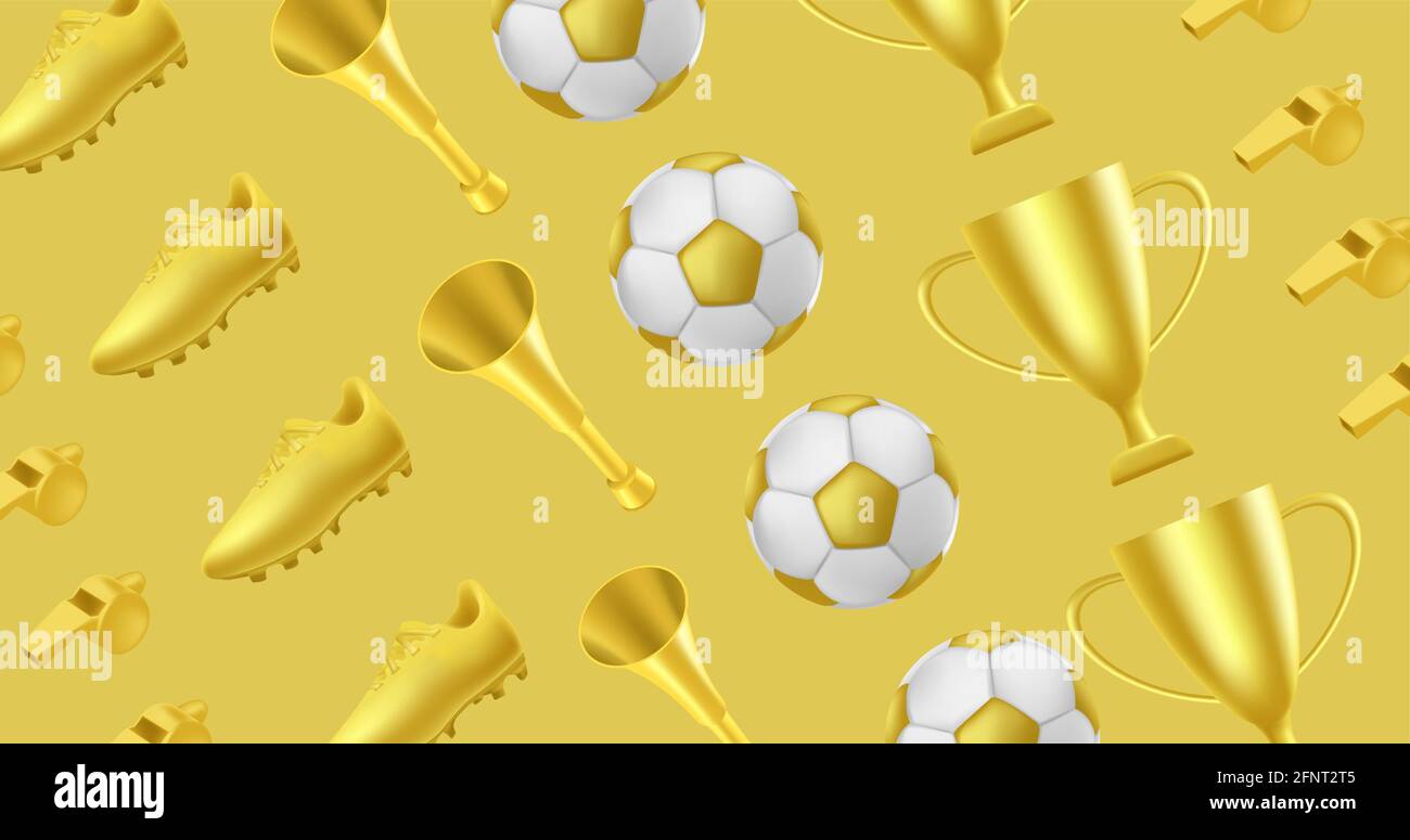 Calcio d'oro o modello di calcio con stivale d'oro, corno e coppa trofeo e palla e fischio, miglior premio torneo e gli attributi dei tifosi background Illustrazione Vettoriale