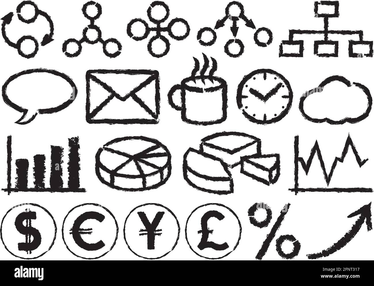 Icone aziendali. Una serie di 20 simboli aziendali disegnati a mano. Illustrazione Vettoriale