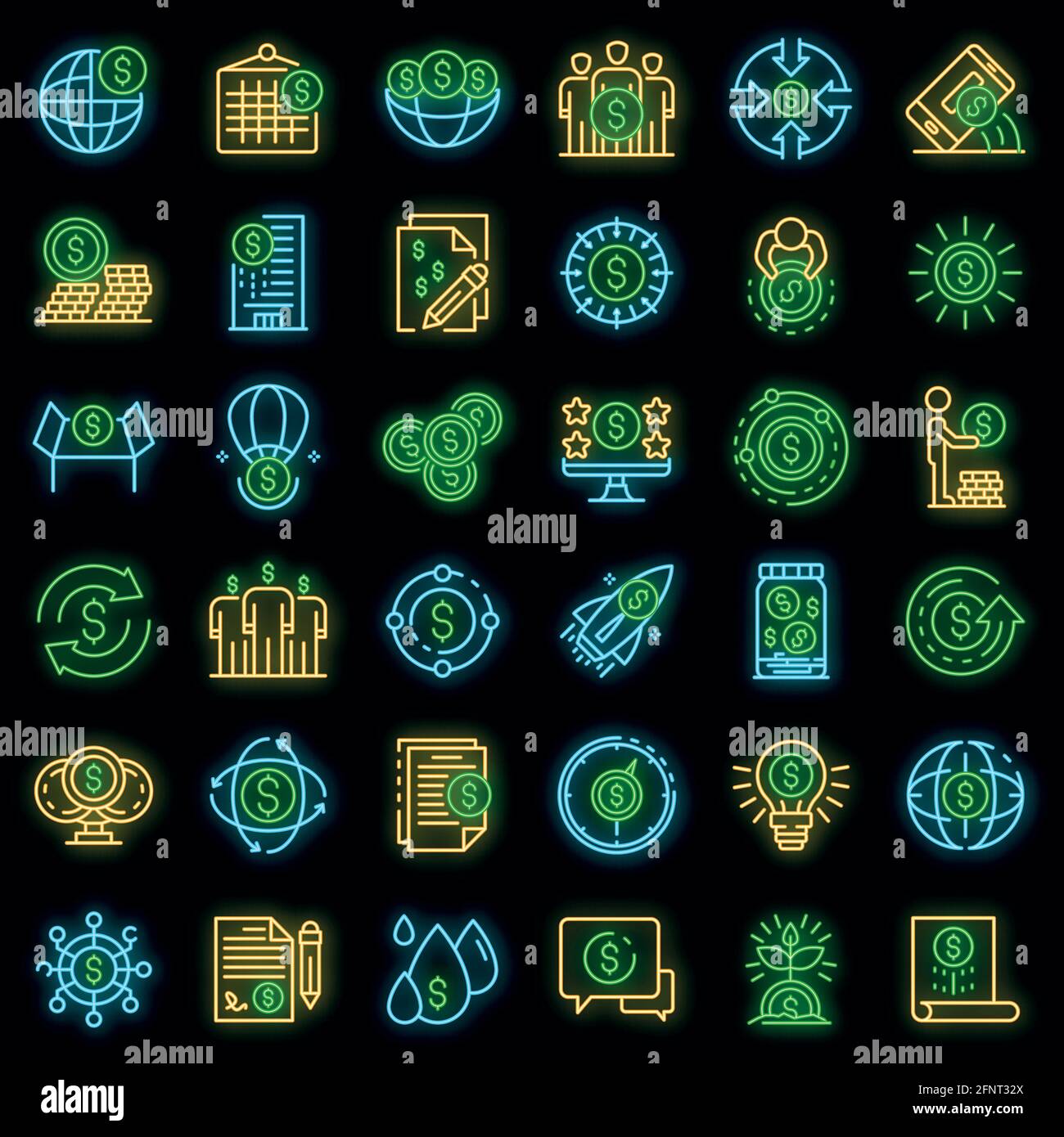 Set di icone della piattaforma di crowdfunding. Contorno insieme di icone vettoriali della piattaforma di crowdfunding colore neon su nero Illustrazione Vettoriale