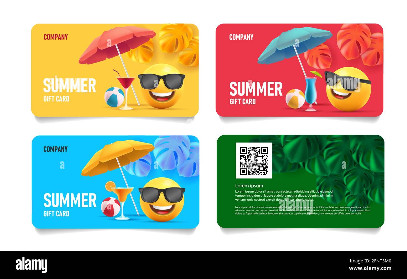 Carte di vendita estate con sorriso 3d in occhiali da sole sotto ombrellone con foglie tropicali e cocktail e beach volley palla con sconto estivo Illustrazione Vettoriale