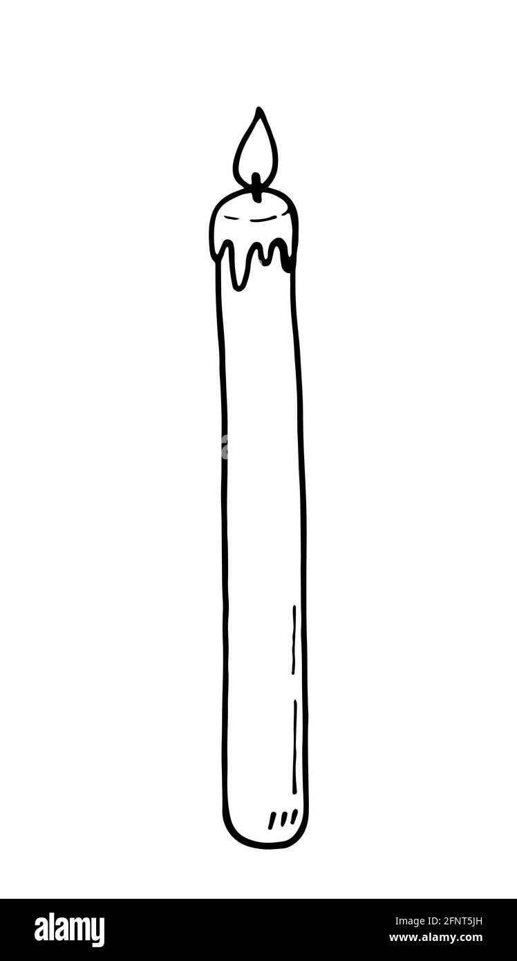 Candela a combustione lunga e sottile con cera gocciolante isolata su sfondo bianco. Illustrazione vettoriale disegnata a mano in stile doodle. Adatto per carte, loghi, decorazioni. Illustrazione Vettoriale