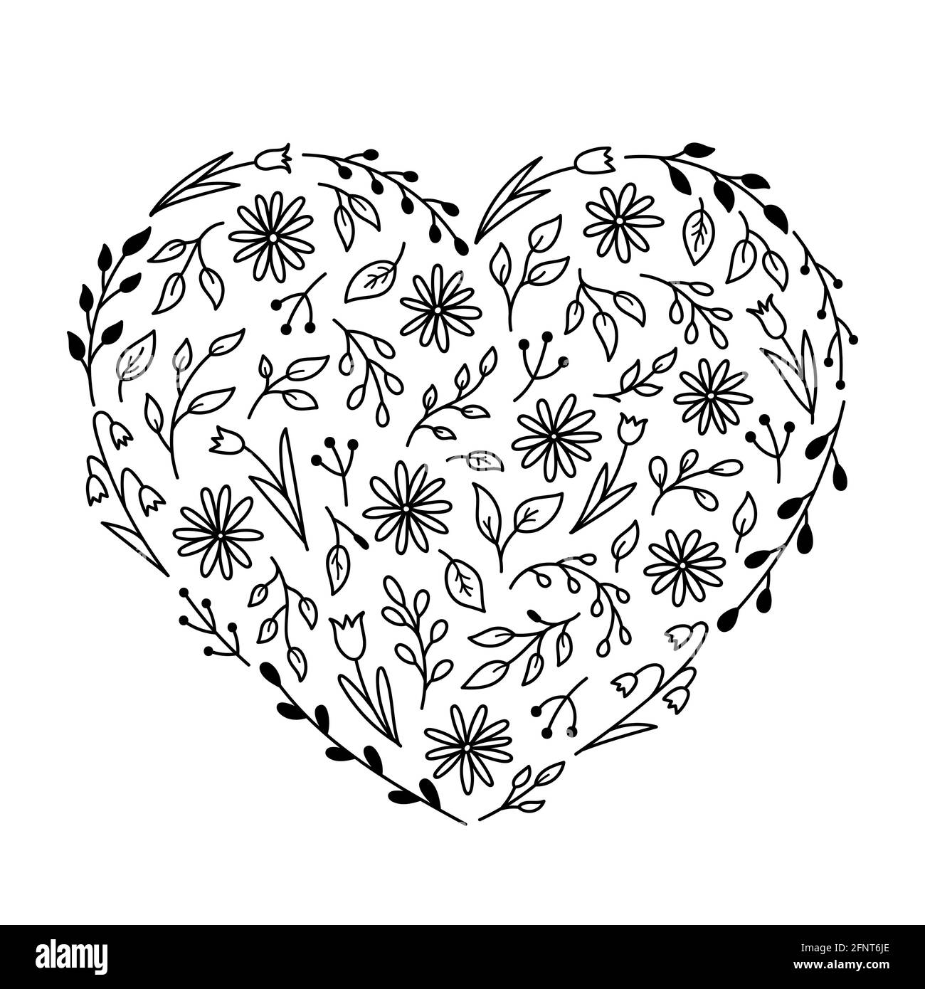 Elementi floreali a forma di cuore. Chamomiles, tulipani, ramoscelli e foglie in stile doodle. Illustrazione vettoriale disegnata a mano. Modello per la progettazione di biglietti d'auguri, inviti, copertine. Illustrazione Vettoriale