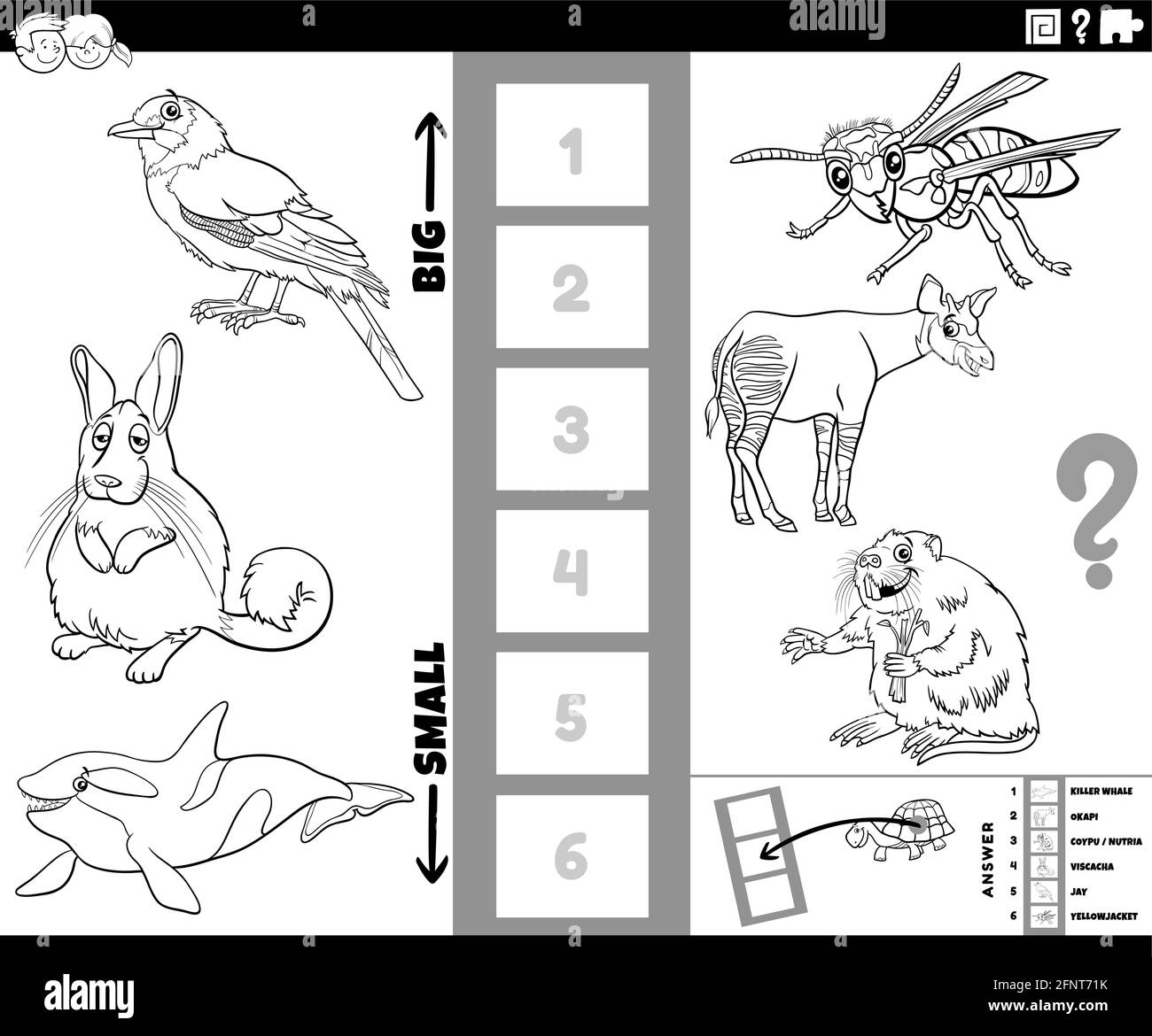 Cartoni animati in bianco e nero illustrazione del gioco educativo di scoperta la più grande e la più piccola specie animale con personaggi comici colorina per bambini Illustrazione Vettoriale