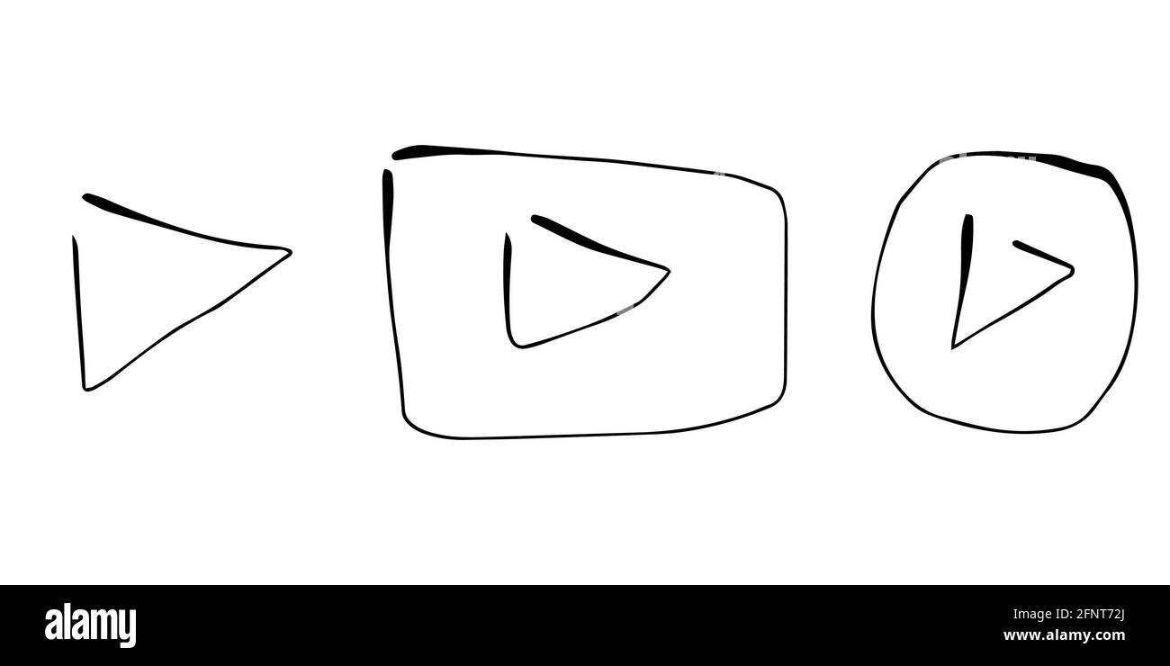 pulsanti di riproduzione schizzi vettoriali isolati. Icone di riproduzione che disegnano a mano un contorno nero Foto Stock