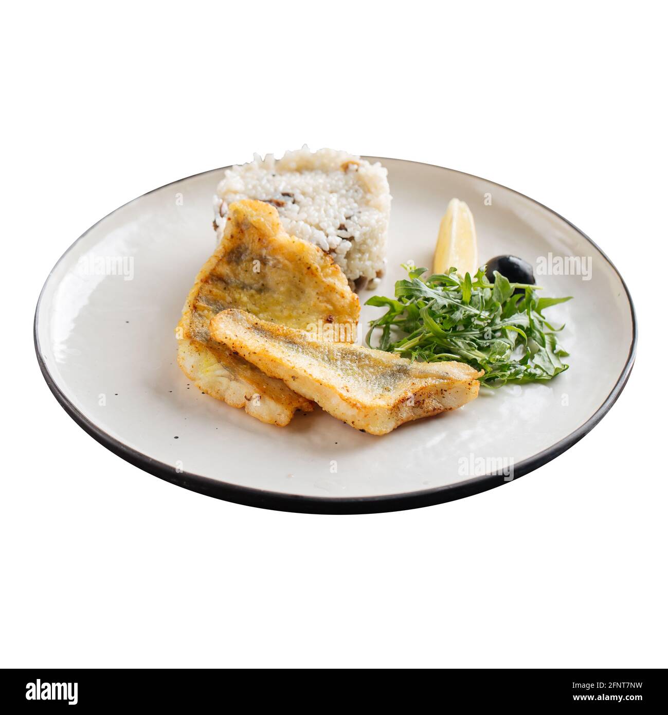 Piatto isolato di filetto di pesce fritto con riso Foto Stock