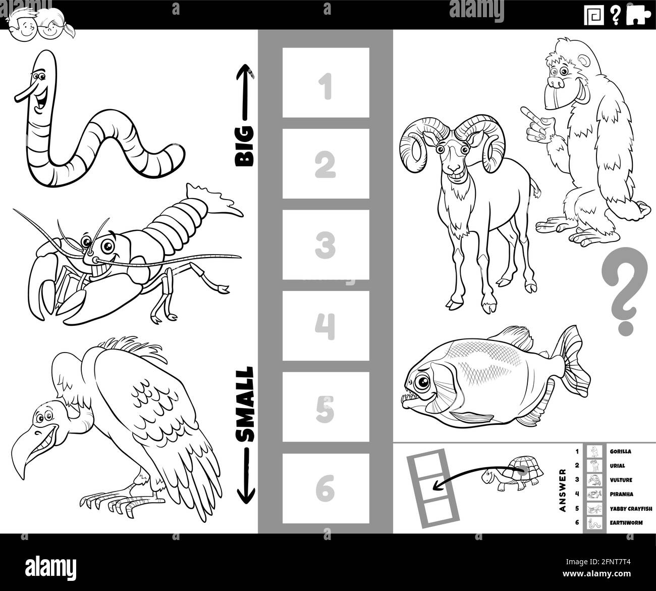 Cartoni animati in bianco e nero illustrazione del gioco educativo di scoperta la più grande e la più piccola specie animale con personaggi comici colorina per bambini Illustrazione Vettoriale