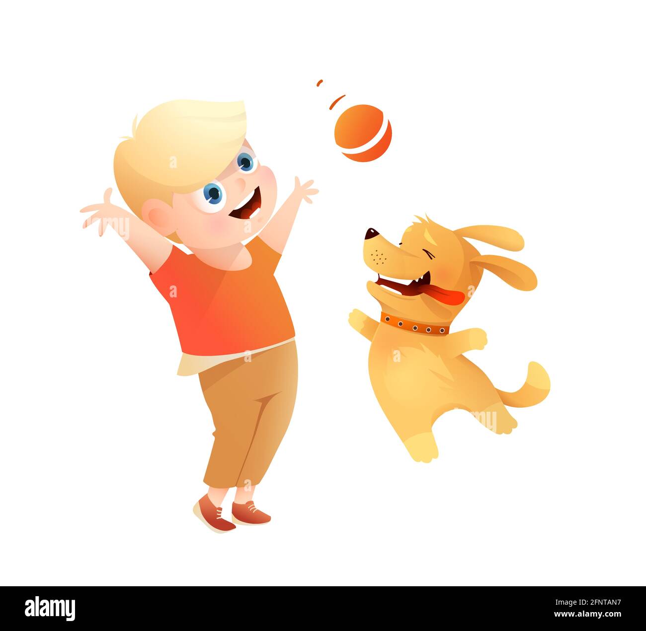 Boy and Dog i migliori amici che saltano giocando con la palla Illustrazione Vettoriale