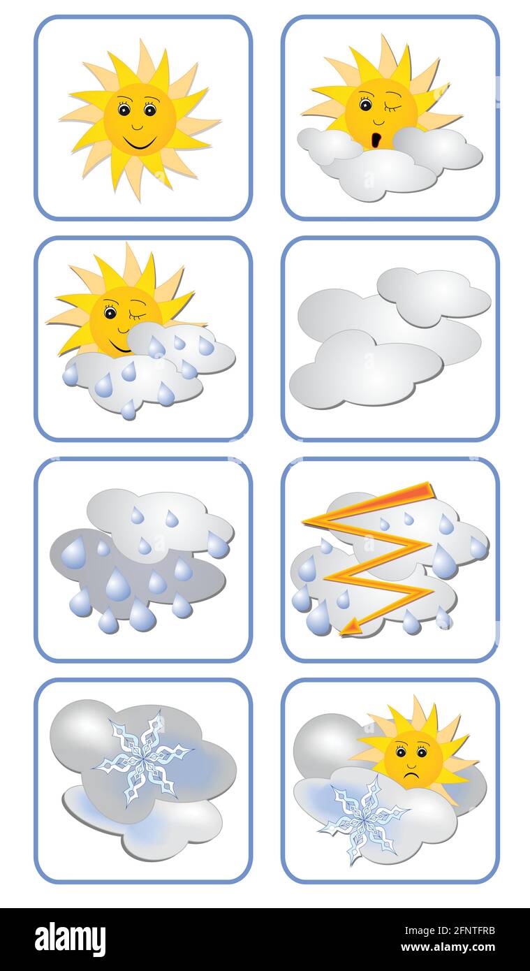 Serie vettoriale di icone delle previsioni meteo per tutti i tipi di meteo.  Il sole ha un'espressione sul suo volto Immagine e Vettoriale - Alamy