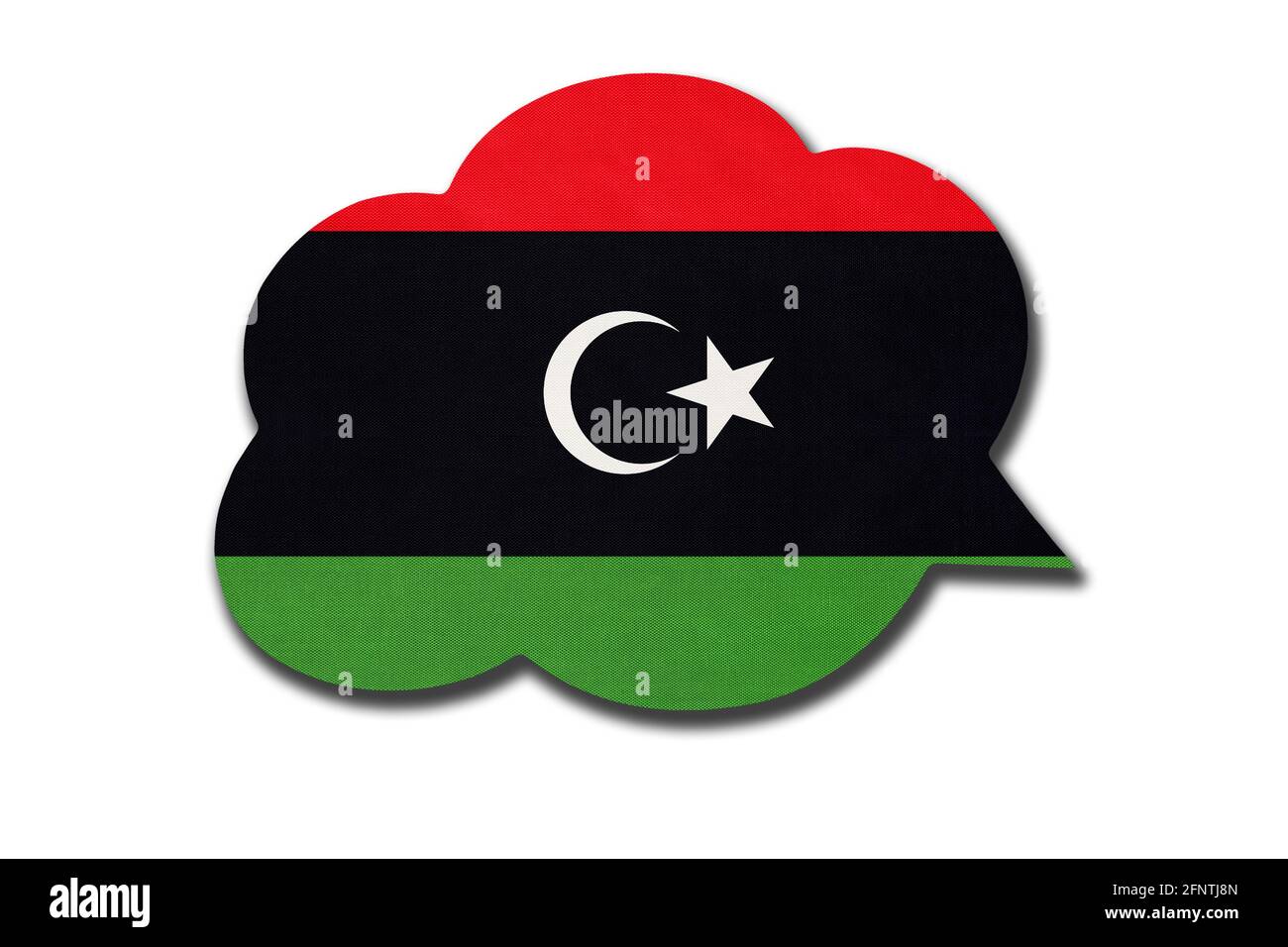 Bolla del discorso 3d con bandiera nazionale dello Stato della Libia isolata su sfondo bianco. Parla e impara la lingua. Simbolo del paese libico. Mondo comunicati Foto Stock