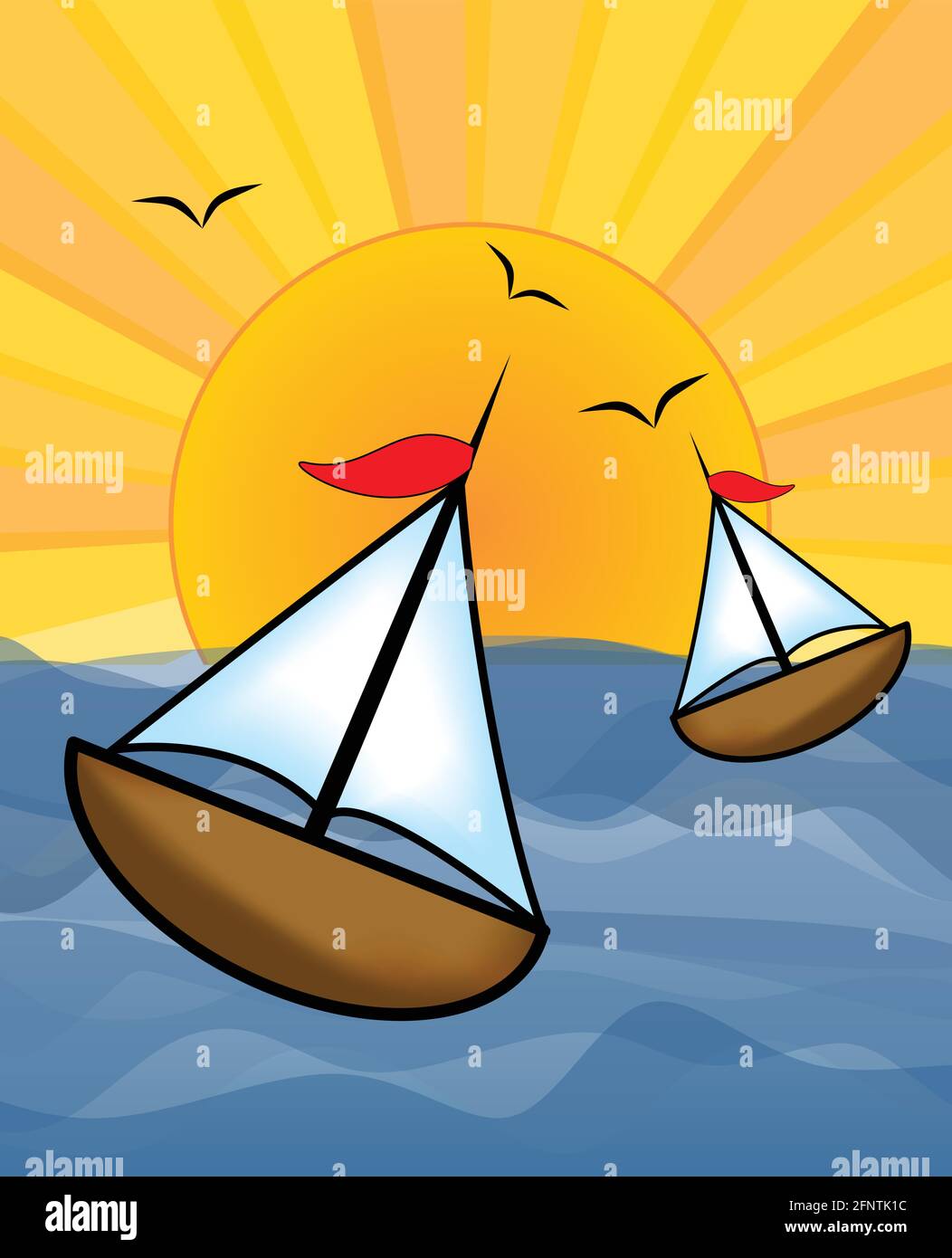 Barche sul mare soleggiato, utile come progetto per le barche a noleggio barche cartellone, che offre gite in barca o pesca sportiva Illustrazione Vettoriale